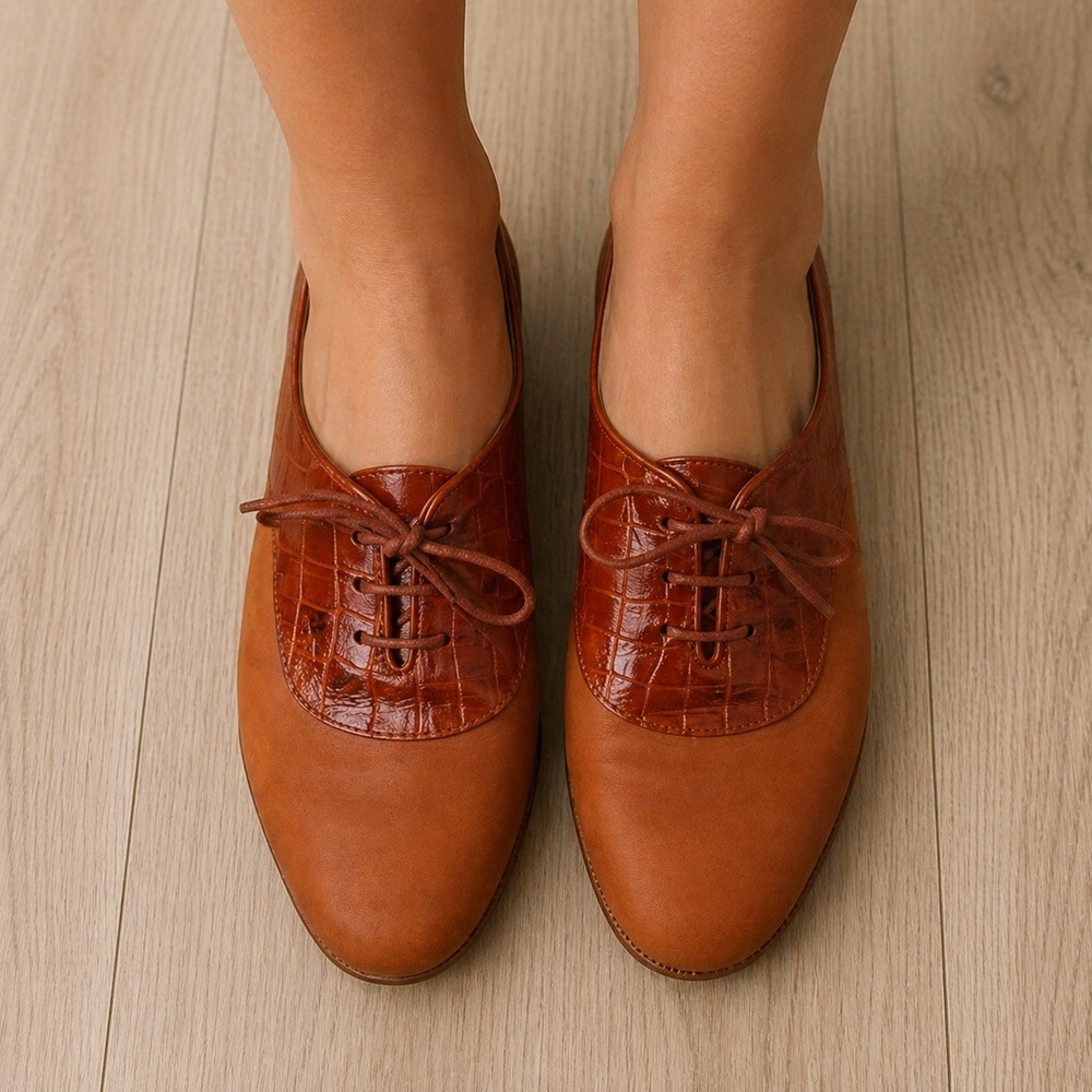 Bally Vintage Cognac Leather Croc Embossed Lace Up Oxford Shoes